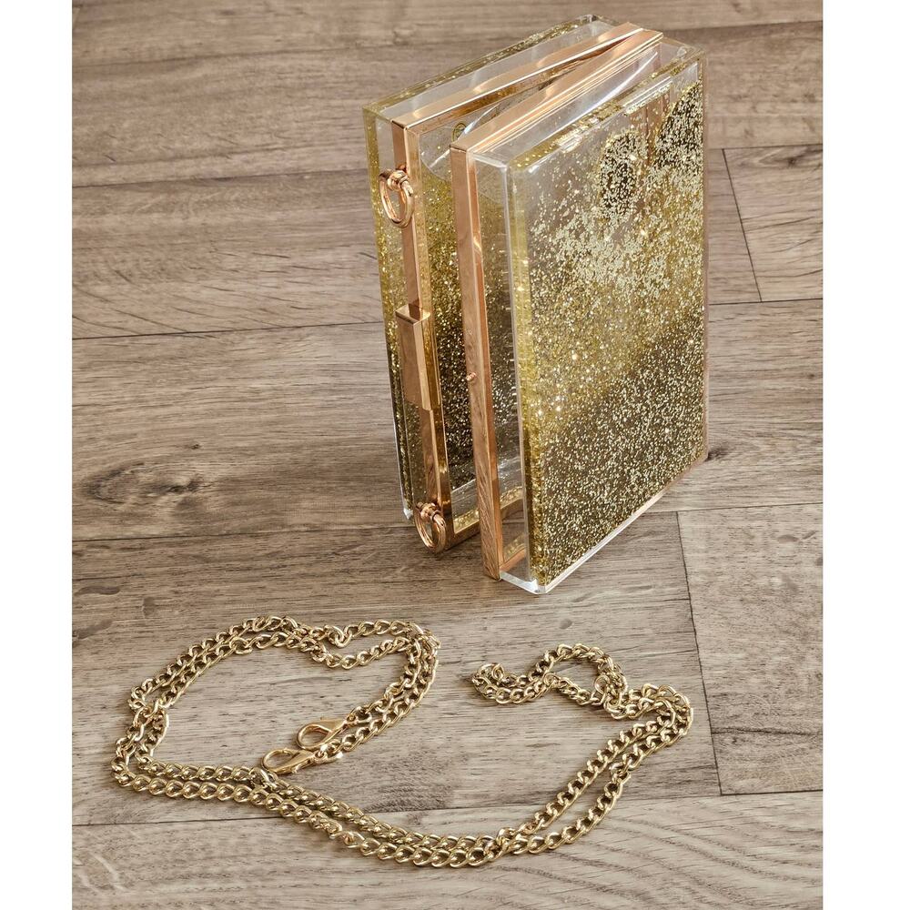 Steve Madden Gold Glitter Acrylic Clutch Purse Transparent Box With Metal Chain